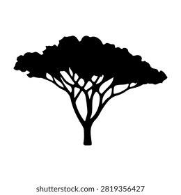 A black silhouette of a large tree with a broad, dense canopy and intricate branching structure, isolated on a white background.