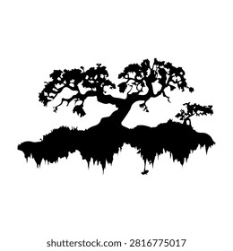 Black silhouette of a large tree with deer standing on floating land against a white background, emphasizing nature and wildlife themes.