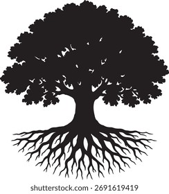 Silueta negra de un árbol Grande con raíces extensas en un gráfico de Vector de fondo blanco