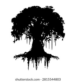 A black silhouette of a large tree with hanging moss, showcasing intricate branches and roots against a plain background, emphasizing natural beauty and serenity.