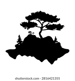 Black silhouette of a large tree on a rocky hilltop with small animals, set against a plain white background, emphasizing nature and wildlife.