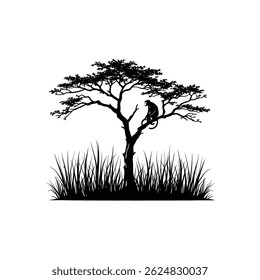 Black silhouette of a large tree with sprawling branches, a monkey sitting on one of them, surrounded by tall grass in a natural setting.