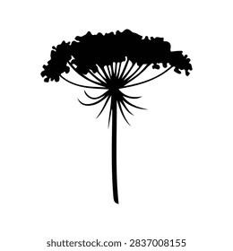 A black silhouette of a large tree with an umbrella-shaped canopy and a sturdy trunk, set against a plain background, emphasizing natural form and structure.