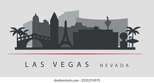 Silueta negra del horizonte de la ciudad de Las Vegas con reflejo en el agua. Siluetas de edificios. Vector sobre un fondo gris