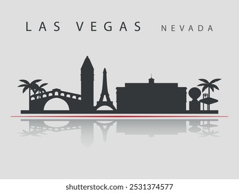 Silueta negra del horizonte de la ciudad de Las Vegas con reflejo en el agua. Siluetas de edificios. Vector sobre un fondo gris