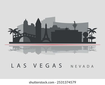 Silueta negra del horizonte de la ciudad de Las Vegas con reflejo en el agua. Siluetas de edificios. Vector sobre un fondo gris