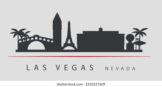 Schwarze Silhouette der Skyline von Las Vegas. Silhouetten von Gebäuden. Vektorgrafik auf grauem Hintergrund