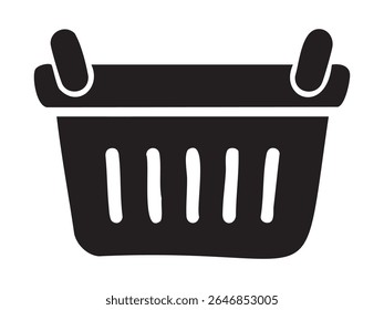 Silhueta preta da cesta de roupa com alças isoladas no fundo branco. Conceito de item doméstico, equipamento de limpeza, organização doméstica, ícone de lavanderia.