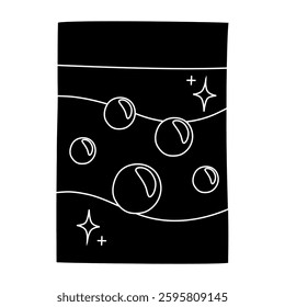 Black silhouette of laundry detergent package with floating soap bubbles, glyph icon flat vector