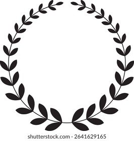 A black silhouette of a laurel wreath in a circular shape, composed of symmetrical leaves. This classic symbol represents victory, honor, achievement, and excellence. Ideal for use in logos, certifica