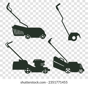  Black Silhouette of lawn-mower isolated on transparent grid background