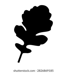 A black silhouette of a leaf with smooth, curved edges and a prominent stem, isolated on a white background, emphasizing natural shape and form.