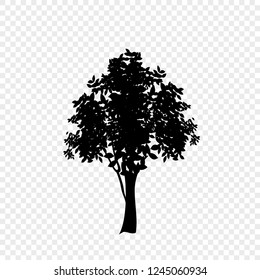 Black silhouette of leafed tree icon isolated on transparent background. Vector illustration, sign, symbol, clip art, pictogram for design.