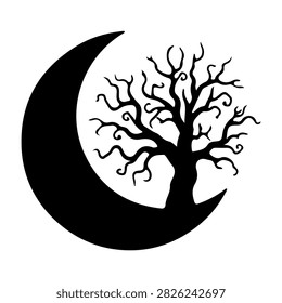 Black silhouette of a leafless tree against a crescent moon, creating a mysterious and atmospheric scene suitable for themes of night and nature.