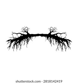 A black silhouette of leafless tree branches and roots against a white background, emphasizing natural growth and connection.