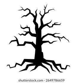 Black silhouette of leafless tree with extensive roots. Clipart image isolated on background.