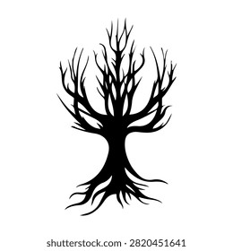 A black silhouette of a leafless tree showing intricate branches and roots, symbolizing nature, growth, and life cycles.