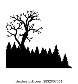 A black silhouette of a leafless tree standing prominently against a white background, with a forest of pine trees at the base.