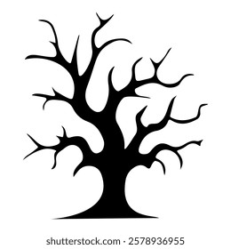 Black silhouette of leafless, twisted tree with eerie branches, symbolizing mystery, horror, and Halloween themes. Perfect for spooky designs and decorations.