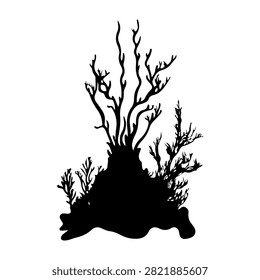 Black silhouette of a leafless, twisted tree with intricate branches on a plain white background, emphasizing stark contrast and natural form.