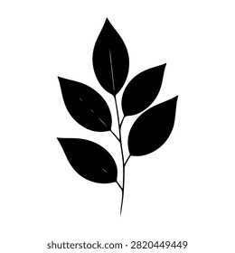 A black silhouette of a leafy branch featuring multiple leaves, emphasizing natural shapes and organic design elements.