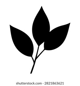 A black silhouette of a leafy branch featuring three prominent leaves on a white background, emphasizing natural shapes and organic design.