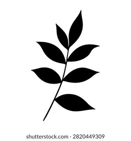 Black silhouette of a leafy branch with multiple leaves, isolated on a white background, emphasizing natural plant structure and organic form.