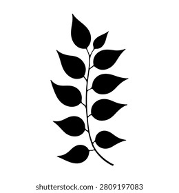 A black silhouette of a leafy branch with numerous leaves, emphasizing natural shapes and organic design elements.