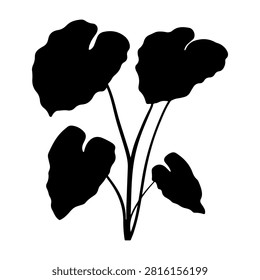 Black silhouette of a leafy plant with several broad leaves on slender stems, isolated on a white background, emphasizing natural plant shape and form.