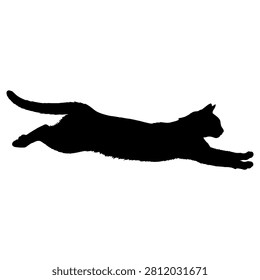 Black silhouette of a leaping cat showing graceful feline movement and dynamic hunting posture isolated art on white background