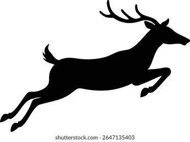 Black silhouette of a leaping deer with antlers isolated on a white background