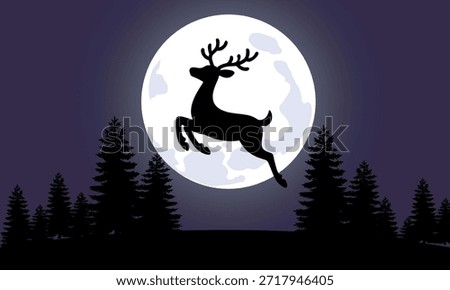 Black silhouette of a leaping deer in front of a full moon over pine forest at night, minimalist holiday illustration with strong contrast, winter and Christmas atmosphere.