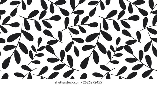 Black silhouette of leaves on white background seamless pattern. Monochrome foliage print for textile, packaging, wallpaper, design, vector graphics