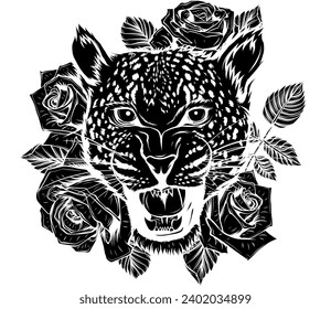 black silhouette of Leopard head. Line art. Vector isolated illustration on white. Hand drawn sketch. Monochrome.