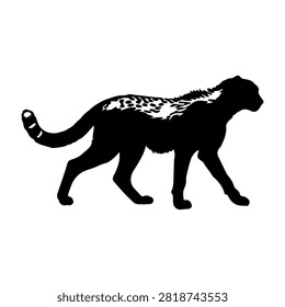 A black silhouette of a leopard walking in profile, highlighting its sleek body and distinctive tail against a plain background.
