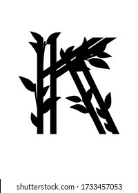 Black silhouette letter K with covered leaves eco font flat vector illustration isolated on white background