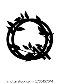 Black silhouette letter Q with covered leaves eco font flat vector illustration isolated on white background