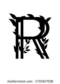 Black silhouette letter R with covered leaves eco font flat vector illustration isolated on white background
