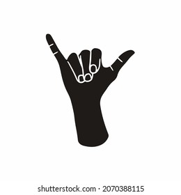 Black Silhouette of Letter Y Hand Sign on White Background with White Lines Defining Thumb and Fingers. Hand Gesture Flat Icon Vector Illustration.