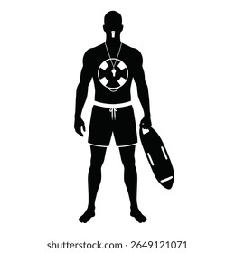 A black silhouette of a lifeguard holding a rescue tube is shown against a white background The lifeguard wears shorts and has a whistle around his neck. The style is simple and bold.