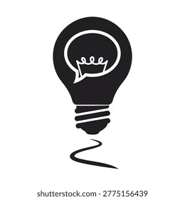 A black silhouette of a light bulb with a speech bubble and filament inside, symbolizing ideas, communication, and innovation.