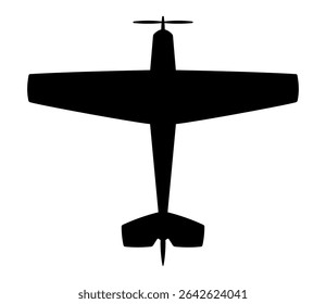 Black silhouette of light propeller aircraft from below view. Clipart image isolated on background.