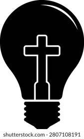 Black silhouette of a lightbulb containing a Christian cross symbol