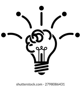 A black silhouette of a lightbulb formed in the shape of a brain with radiating lines, symbolizing ideas and innovation.