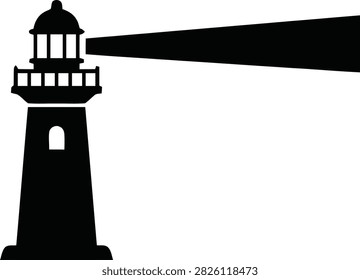 A black silhouette of a lighthouse emitting a beam of light against a white background.