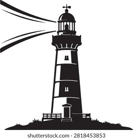 Black silhouette lighthouse icon representing coastal guide navigation and maritime safety symbol concept