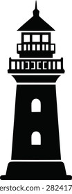 A black silhouette of a lighthouse with a lantern room and a pointed roof, standing tall against a white background.