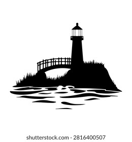 Black silhouette of a lighthouse perched on rocky coast with water reflections, against a plain white background, emphasizing maritime navigation and safety.