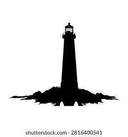 A black silhouette of a lighthouse standing tall on a rocky shoreline against a white background, emphasizing its structure and maritime significance.