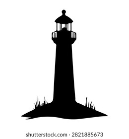 Black silhouette of a lighthouse standing tall on a rocky shoreline with grass, set against a plain white background, emphasizing structure and solitude.